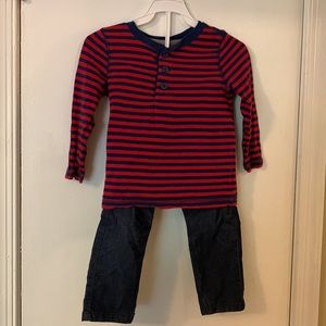 H&M Kids Corduroy Navy Blue Pant & Red & Blue Stripped Shirt Sz 2-3Y